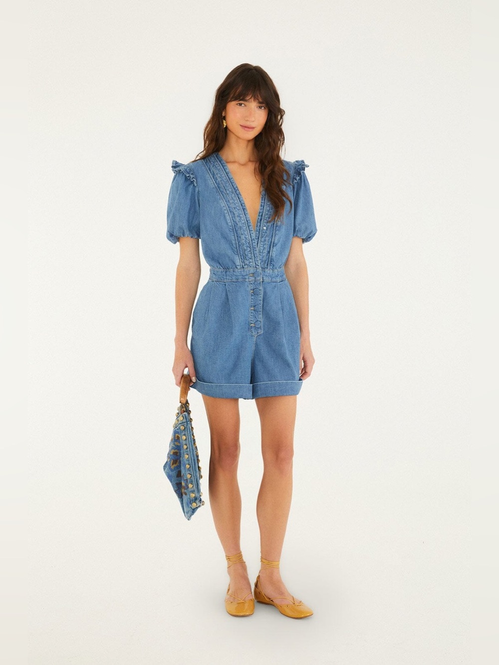 FARM Rio Denim Ruffled Puff Sleeve Romper, Size Small